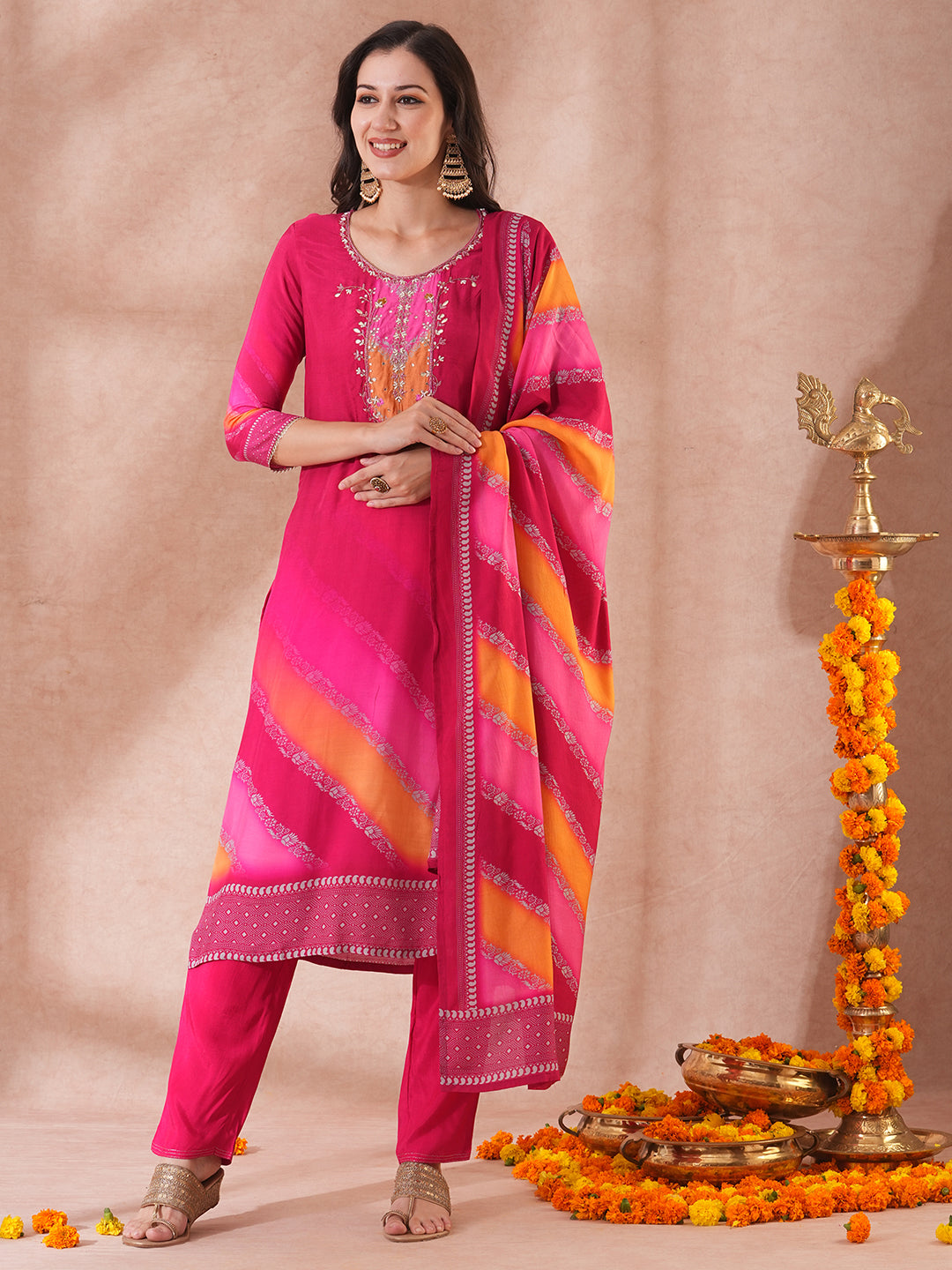 Leheriya Printed & Hand Embroidered Straight Kurta with Pant & Dupatta - Pink