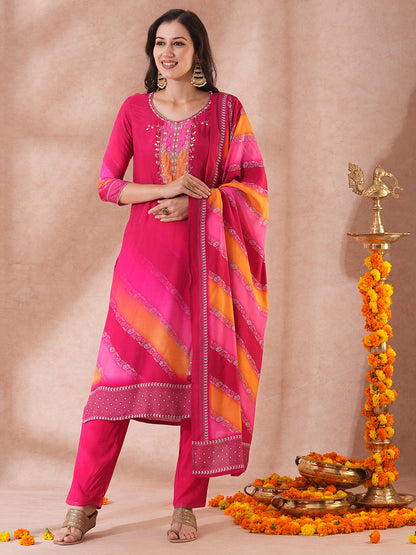 Leheriya Printed & Hand Embroidered Straight Kurta with Pant & Dupatta - Pink