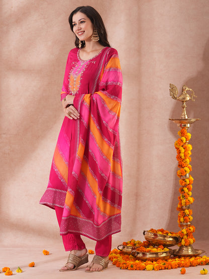 Leheriya Printed & Hand Embroidered Straight Kurta with Pant & Dupatta - Pink