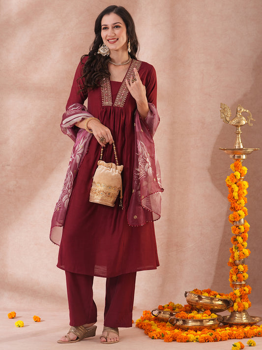 Solid Ethnic Embroidered A-Line Kurta with Pant & Printed Tissue Dupatta - Maroon