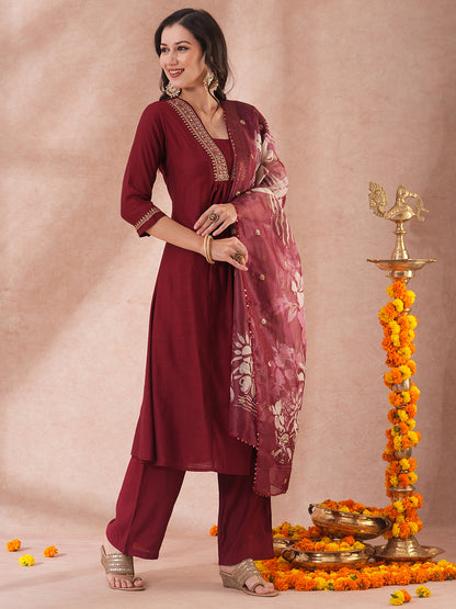 Solid Ethnic Embroidered A-Line Kurta with Pant & Printed Tissue Dupatta - Maroon