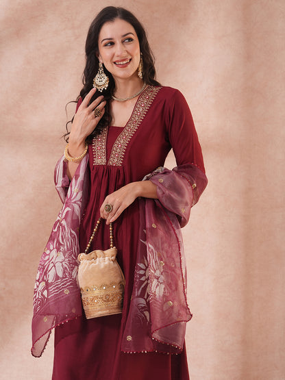 Solid Ethnic Embroidered A-Line Kurta with Pant & Printed Tissue Dupatta - Maroon