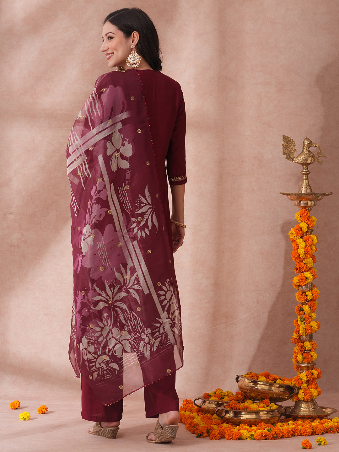 Solid Ethnic Embroidered A-Line Kurta with Pant & Printed Tissue Dupatta - Maroon