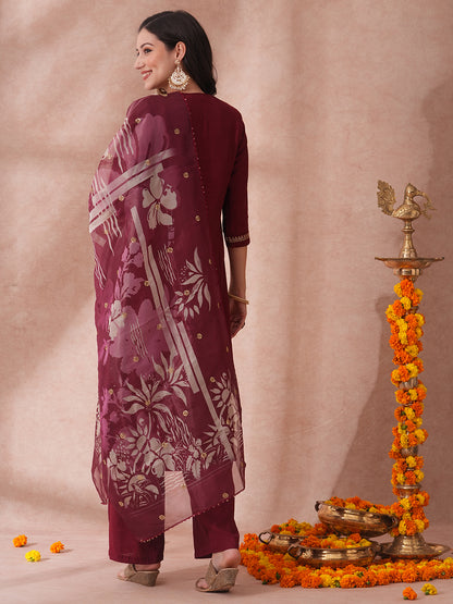 Solid Ethnic Embroidered A-Line Kurta with Pant & Printed Tissue Dupatta - Maroon