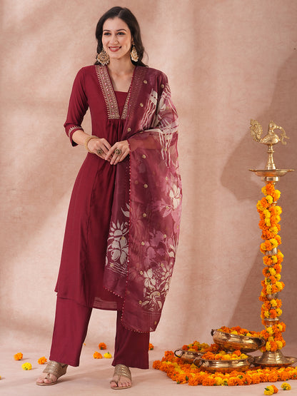 Solid Ethnic Embroidered A-Line Kurta with Pant & Printed Tissue Dupatta - Maroon