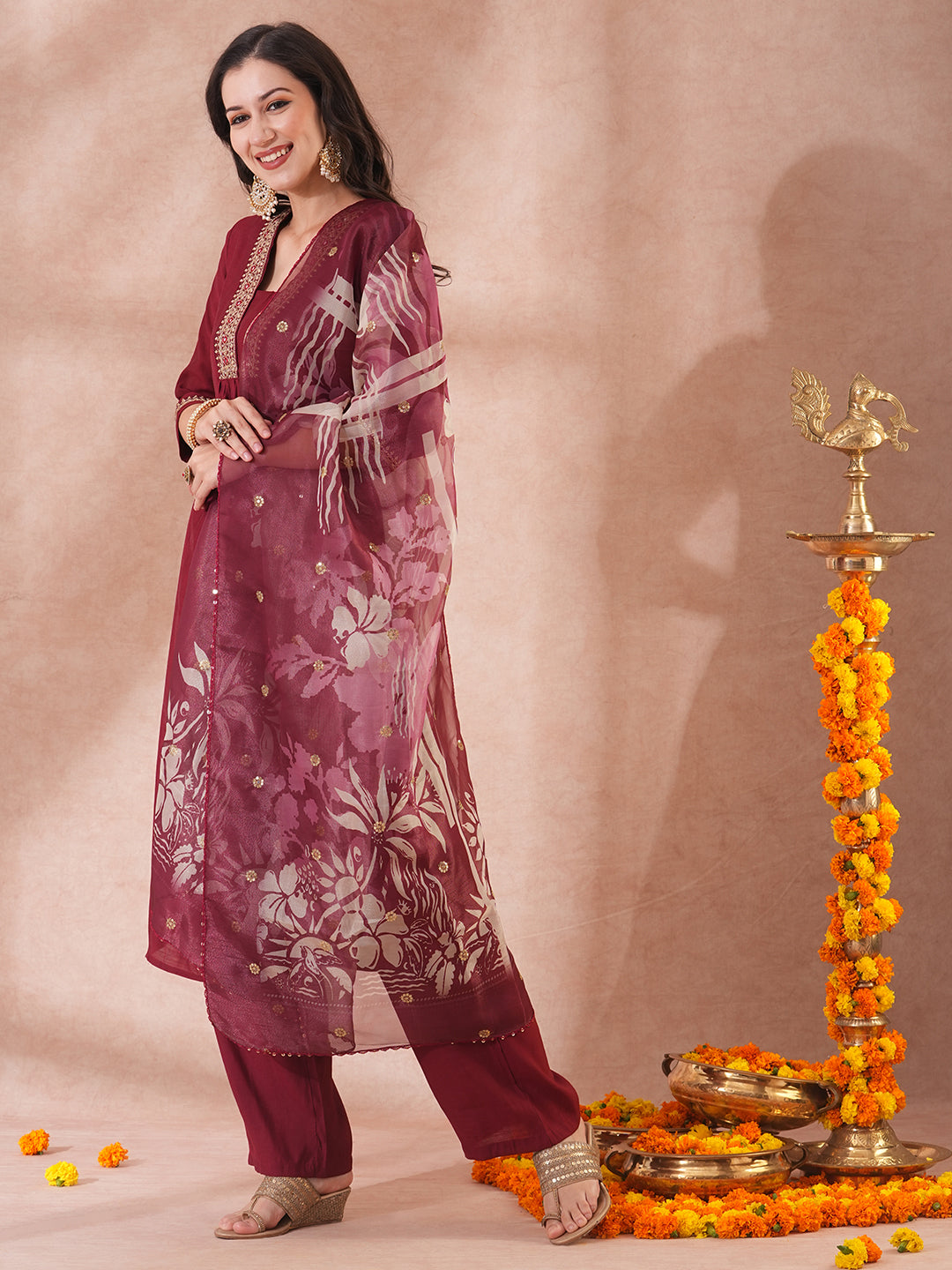 Solid Ethnic Embroidered A-Line Kurta with Pant & Printed Tissue Dupatta - Maroon