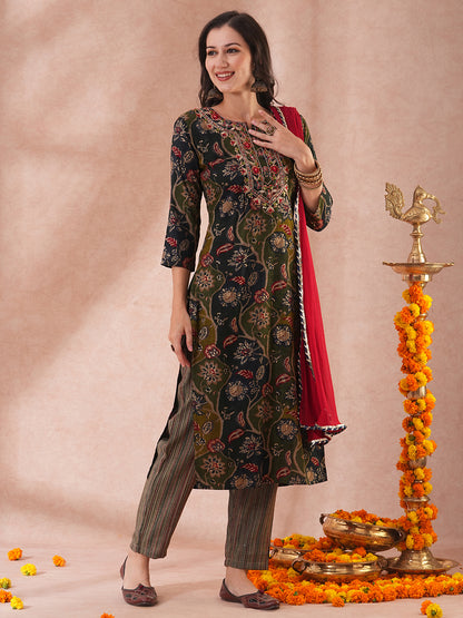 Ethnic Floral Printed & Embroidered Straight Fit Kurta with Pant & Dupatta - Green