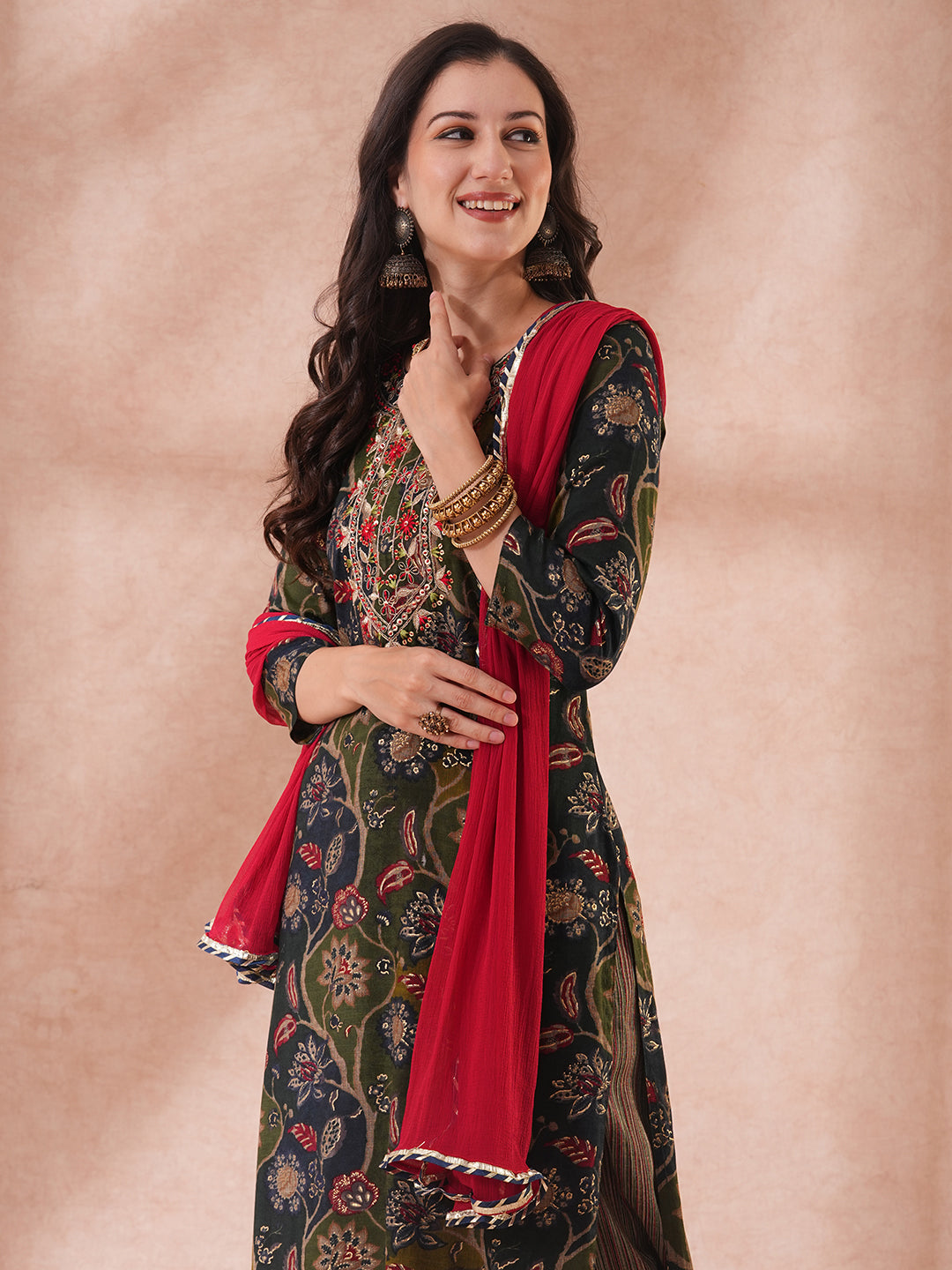 Ethnic Floral Printed & Embroidered Straight Fit Kurta with Pant & Dupatta - Green