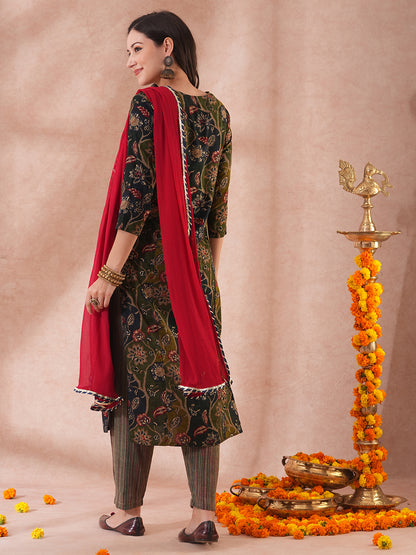 Ethnic Floral Printed & Embroidered Straight Fit Kurta with Pant & Dupatta - Green