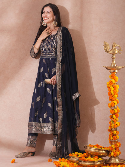 Ethnic Embroidered & Woven Anarkali Kurta with Pant & Dupatta - Navy Blue