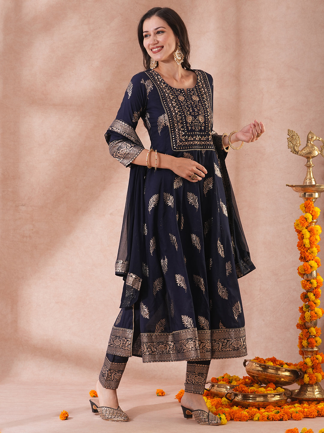 Ethnic Embroidered & Woven Anarkali Kurta with Pant & Dupatta - Navy Blue