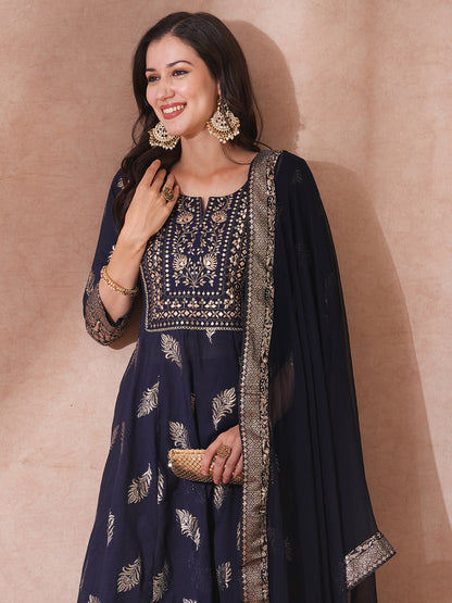 Ethnic Embroidered & Woven Anarkali Kurta with Pant & Dupatta - Navy Blue