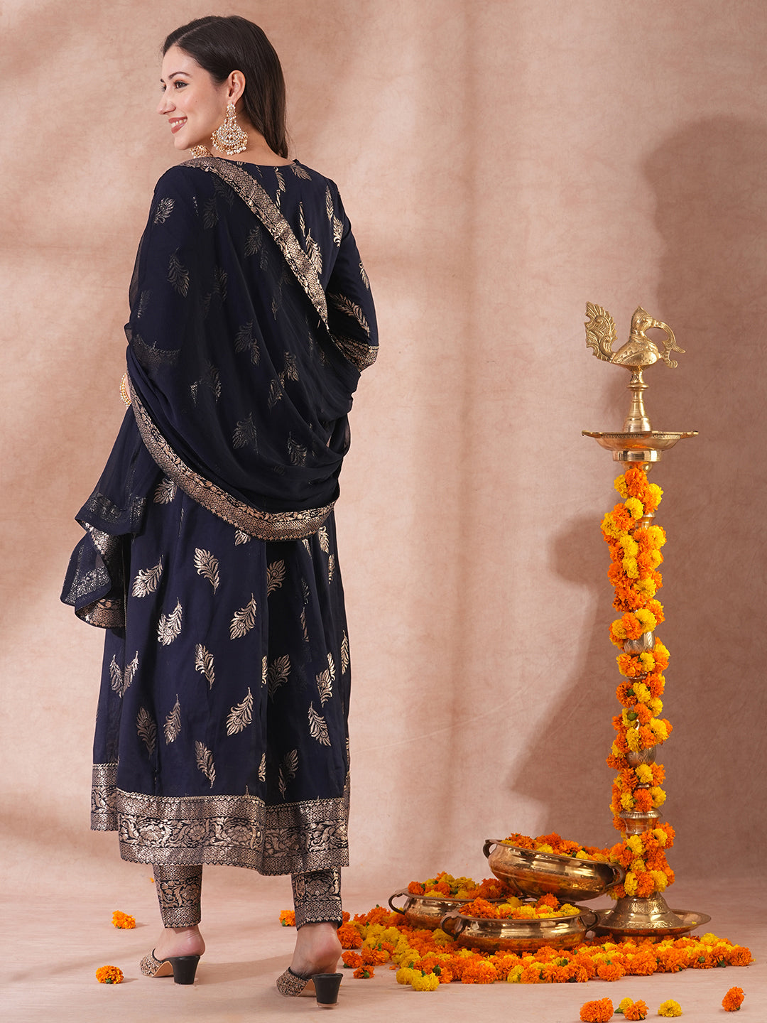 Ethnic Embroidered & Woven Anarkali Kurta with Pant & Dupatta - Navy Blue