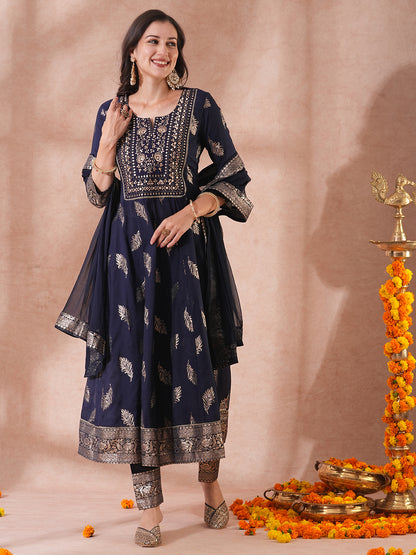 Ethnic Embroidered & Woven Anarkali Kurta with Pant & Dupatta - Navy Blue