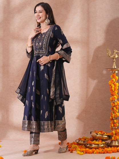 Ethnic Embroidered & Woven Anarkali Kurta with Pant & Dupatta - Navy Blue