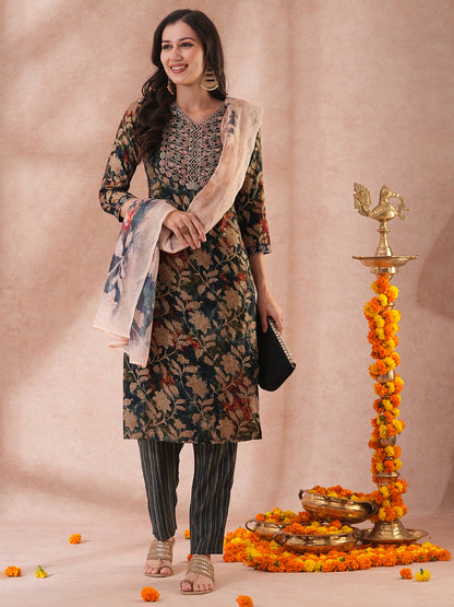 Floral Printed & Embroidered Straight Kurta with Pant & Printed Dupatta - Teal Blue