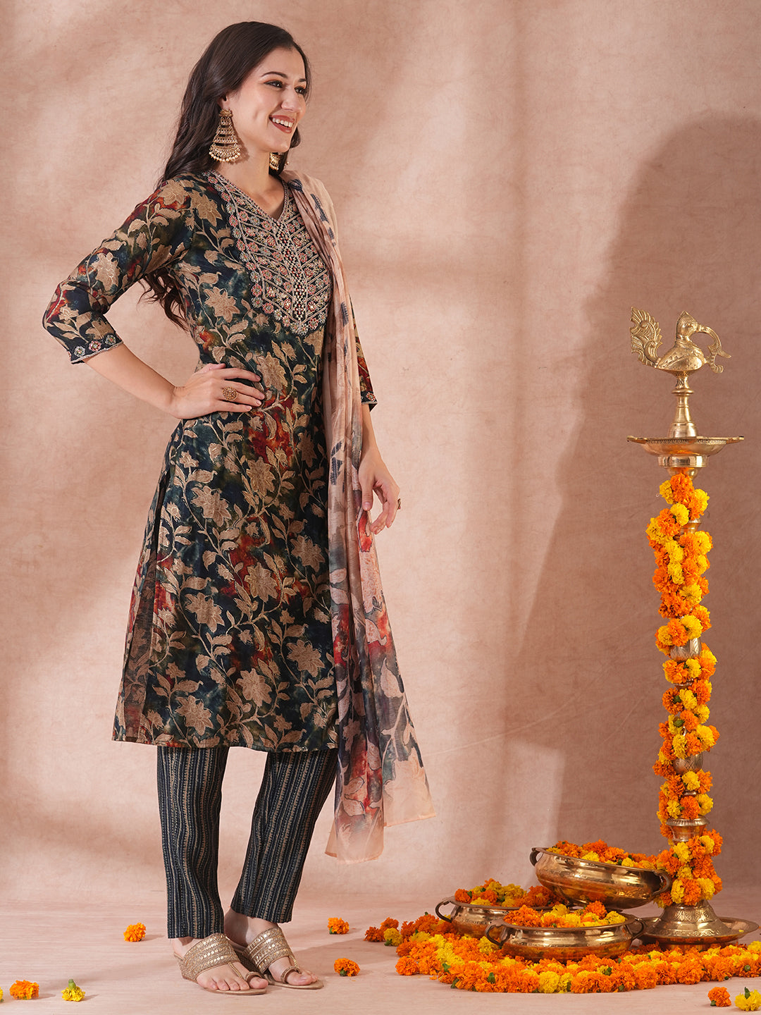 Floral Printed & Embroidered Straight Kurta with Pant & Printed Dupatta - Teal Blue