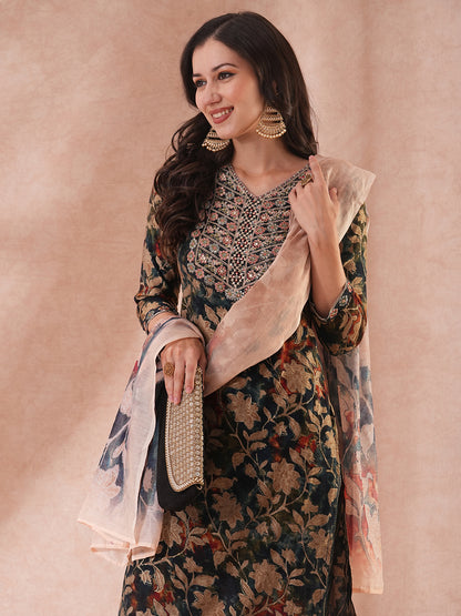 Floral Printed & Embroidered Straight Kurta with Pant & Printed Dupatta - Teal Blue