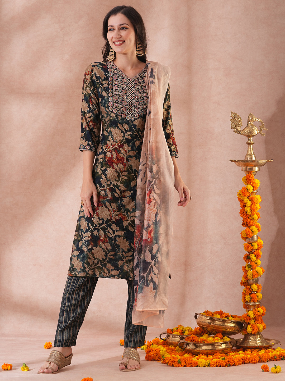 Floral Printed & Embroidered Straight Kurta with Pant & Printed Dupatta - Teal Blue