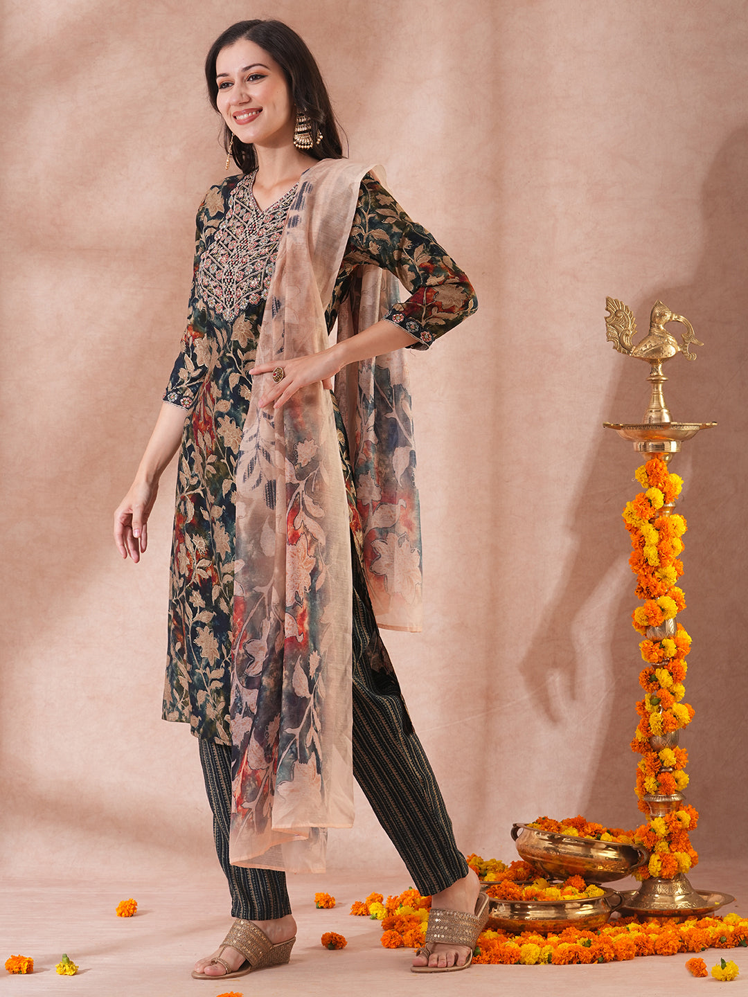 Floral Printed & Embroidered Straight Kurta with Pant & Printed Dupatta - Teal Blue