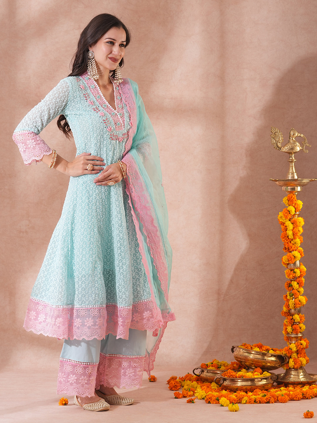 Solid Ethnic Embroidered Anarkali Flared Kurta with Palazzo & Dupatta - Blue