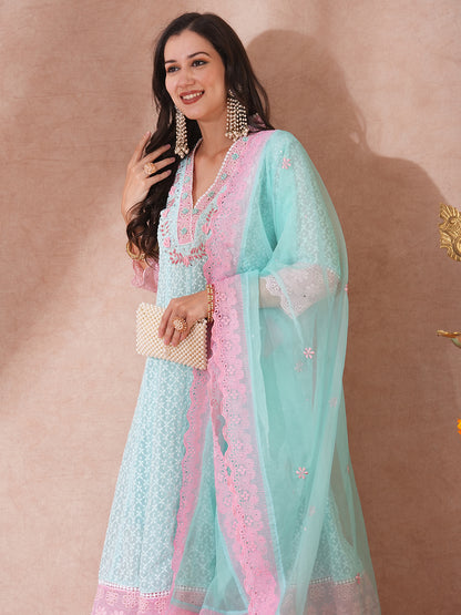 Solid Ethnic Embroidered Anarkali Flared Kurta with Palazzo & Dupatta - Blue