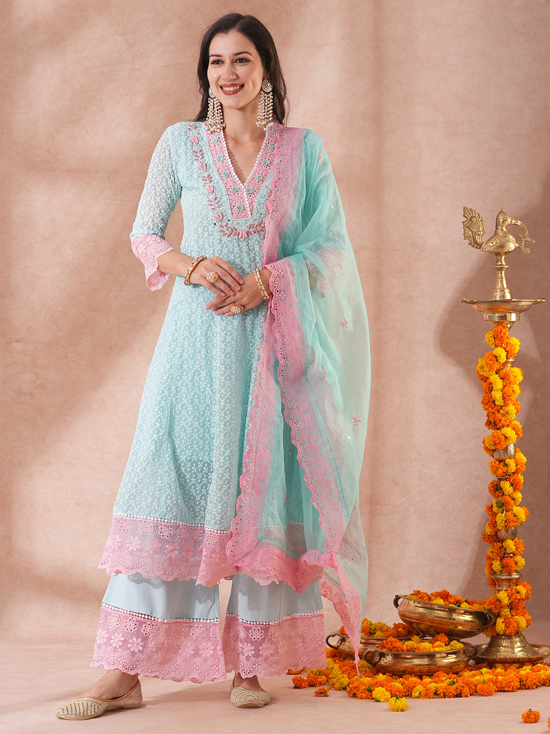 Solid Ethnic Embroidered Anarkali Flared Kurta with Palazzo & Dupatta - Blue