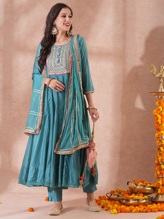 Solid Ethnic Embroidered Anarkali Flared Kurta with Pant & Dupatta - Turquoise Blue