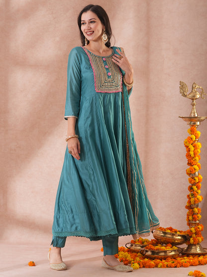 Solid Ethnic Embroidered Anarkali Flared Kurta with Pant & Dupatta - Turquoise Blue