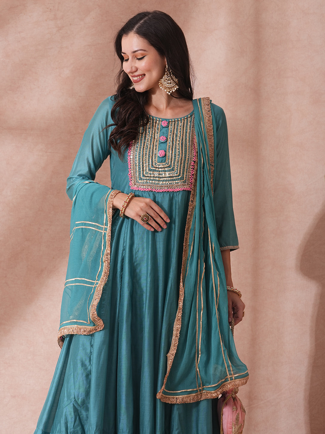 Solid Ethnic Embroidered Anarkali Flared Kurta with Pant & Dupatta - Turquoise Blue