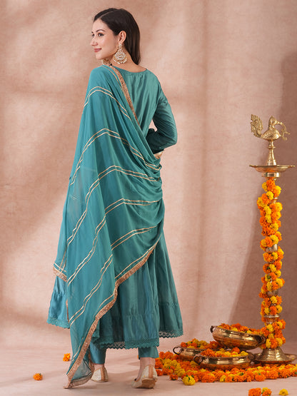 Solid Ethnic Embroidered Anarkali Flared Kurta with Pant & Dupatta - Turquoise Blue