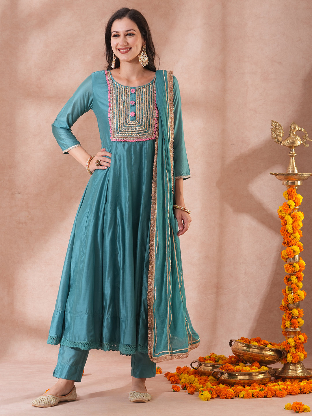 Solid Ethnic Embroidered Anarkali Flared Kurta with Pant & Dupatta - Turquoise Blue