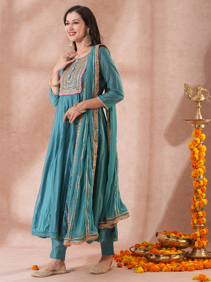 Solid Ethnic Embroidered Anarkali Flared Kurta with Pant & Dupatta - Turquoise Blue