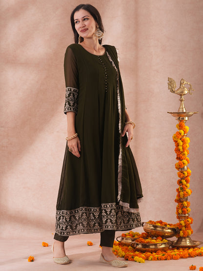 Solid Ethnic Zari Embroidered Anarkali Flared Kurta with Pant & Dupatta - Olive Green