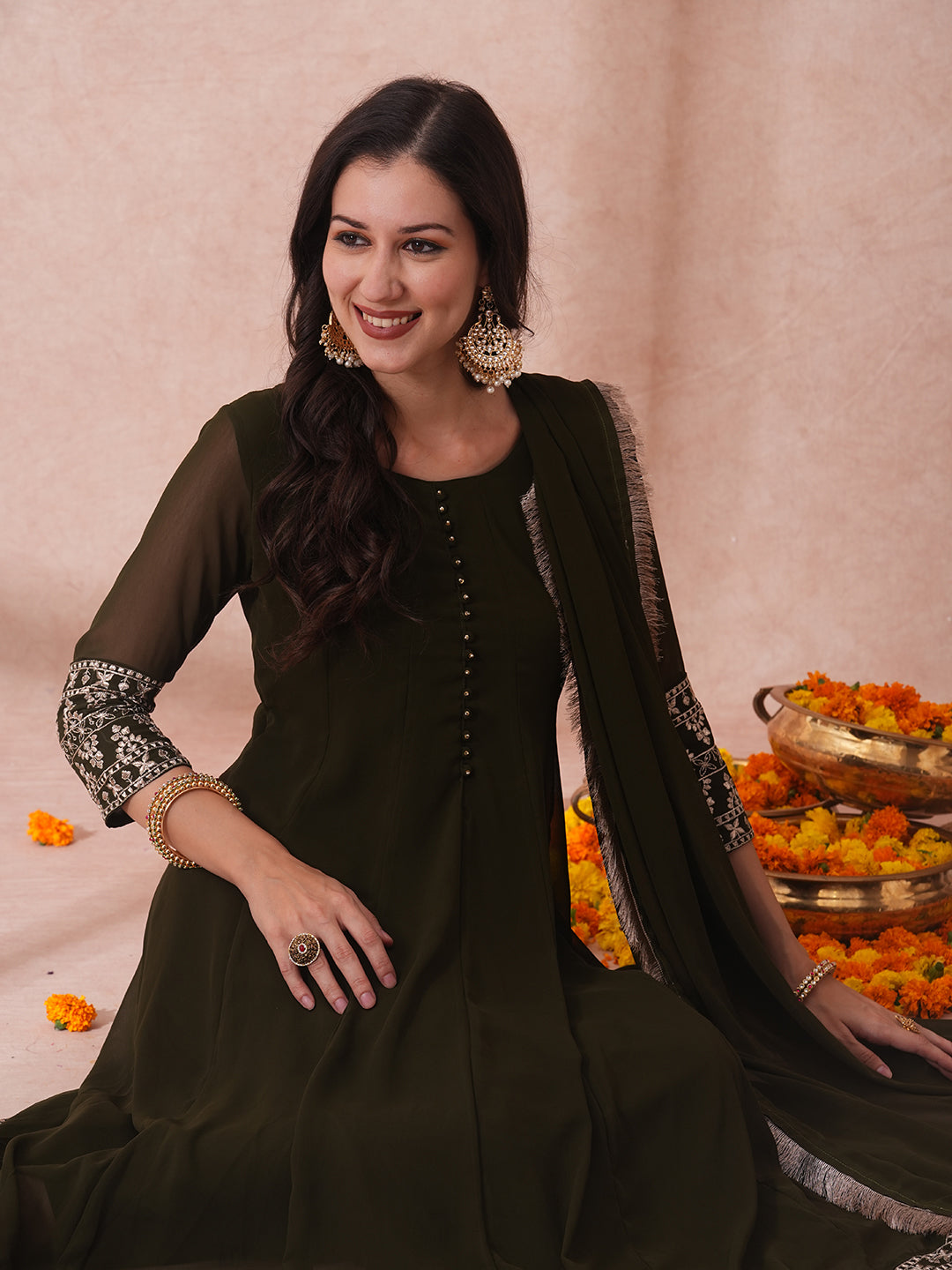 Solid Ethnic Zari Embroidered Anarkali Flared Kurta with Pant & Dupatta - Olive Green