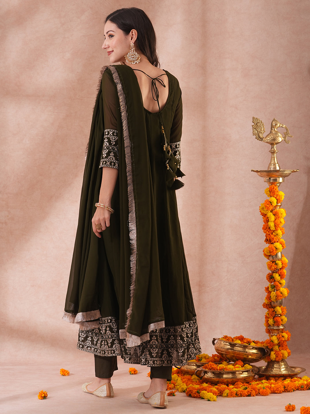 Solid Ethnic Zari Embroidered Anarkali Flared Kurta with Pant & Dupatta - Olive Green