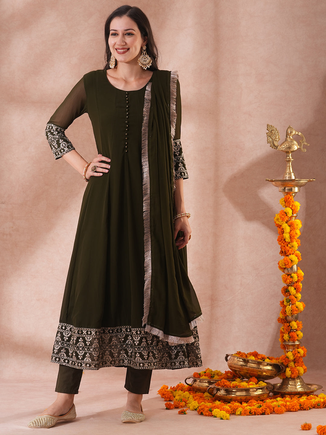 Solid Ethnic Zari Embroidered Anarkali Flared Kurta with Pant & Dupatta - Olive Green