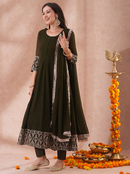 Solid Ethnic Zari Embroidered Anarkali Flared Kurta with Pant & Dupatta - Olive Green