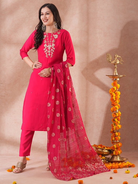 Solid Floral Hand Embroidered Straight Fit Kurta with Pant & Dupatta - Pink