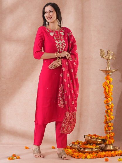 Solid Floral Hand Embroidered Straight Fit Kurta with Pant & Dupatta - Pink