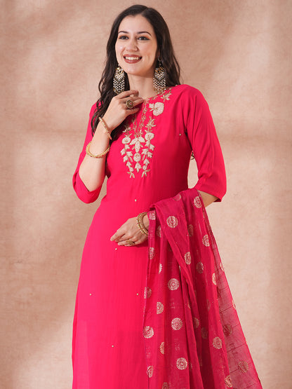 Solid Floral Hand Embroidered Straight Fit Kurta with Pant & Dupatta - Pink