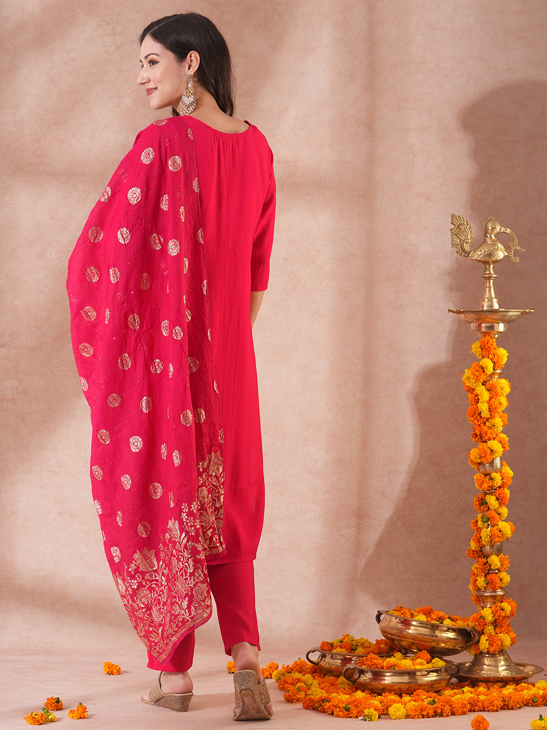 Solid Floral Hand Embroidered Straight Fit Kurta with Pant & Dupatta - Pink