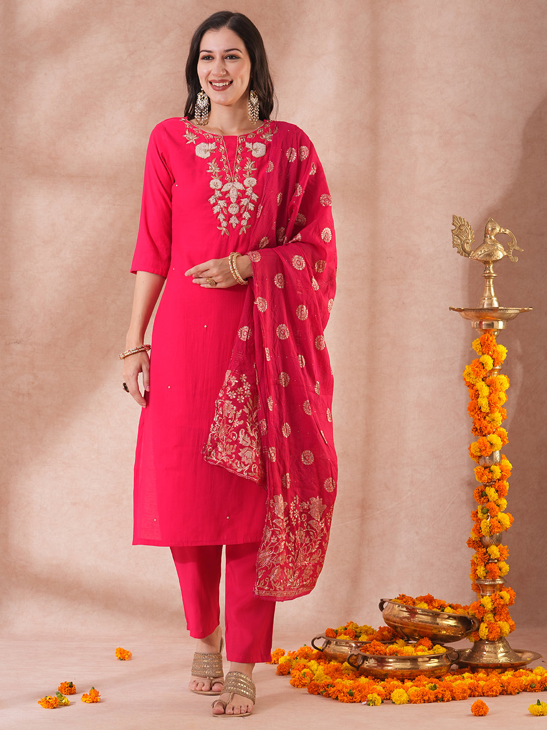 Solid Floral Hand Embroidered Straight Fit Kurta with Pant & Dupatta - Pink