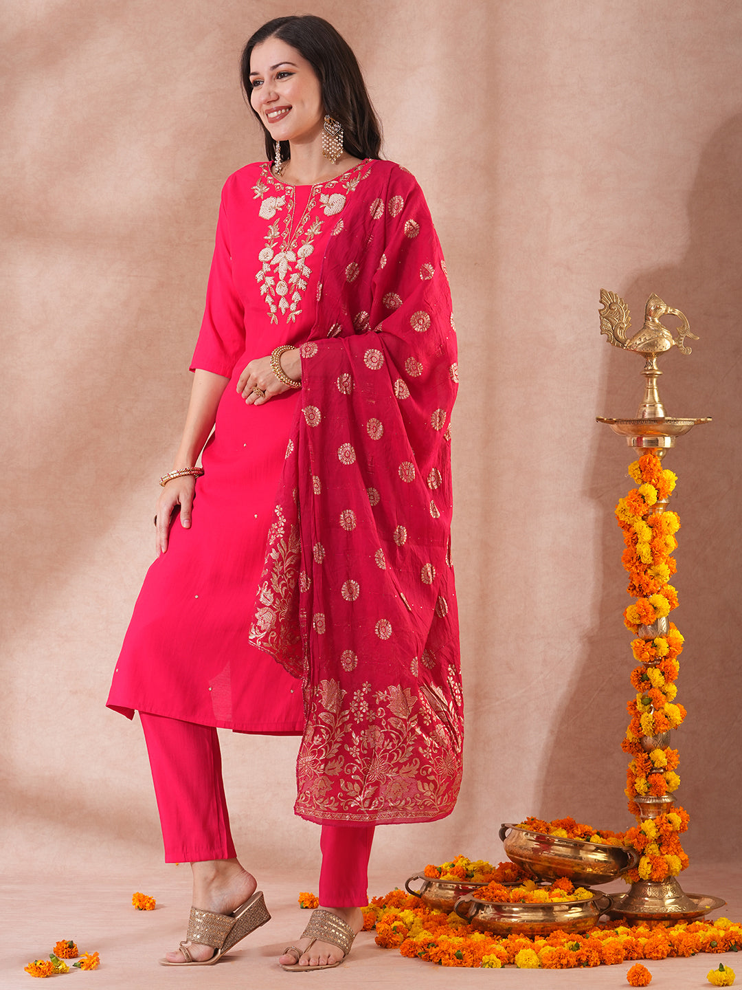 Solid Floral Hand Embroidered Straight Fit Kurta with Pant & Dupatta - Pink