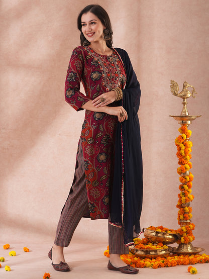 Ethnic Floral Printed & Embroidered Straight Fit Kurta with Pant & Dupatta - Maroon