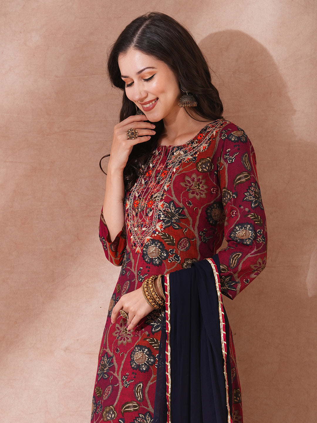 Ethnic Floral Printed & Embroidered Straight Fit Kurta with Pant & Dupatta - Maroon