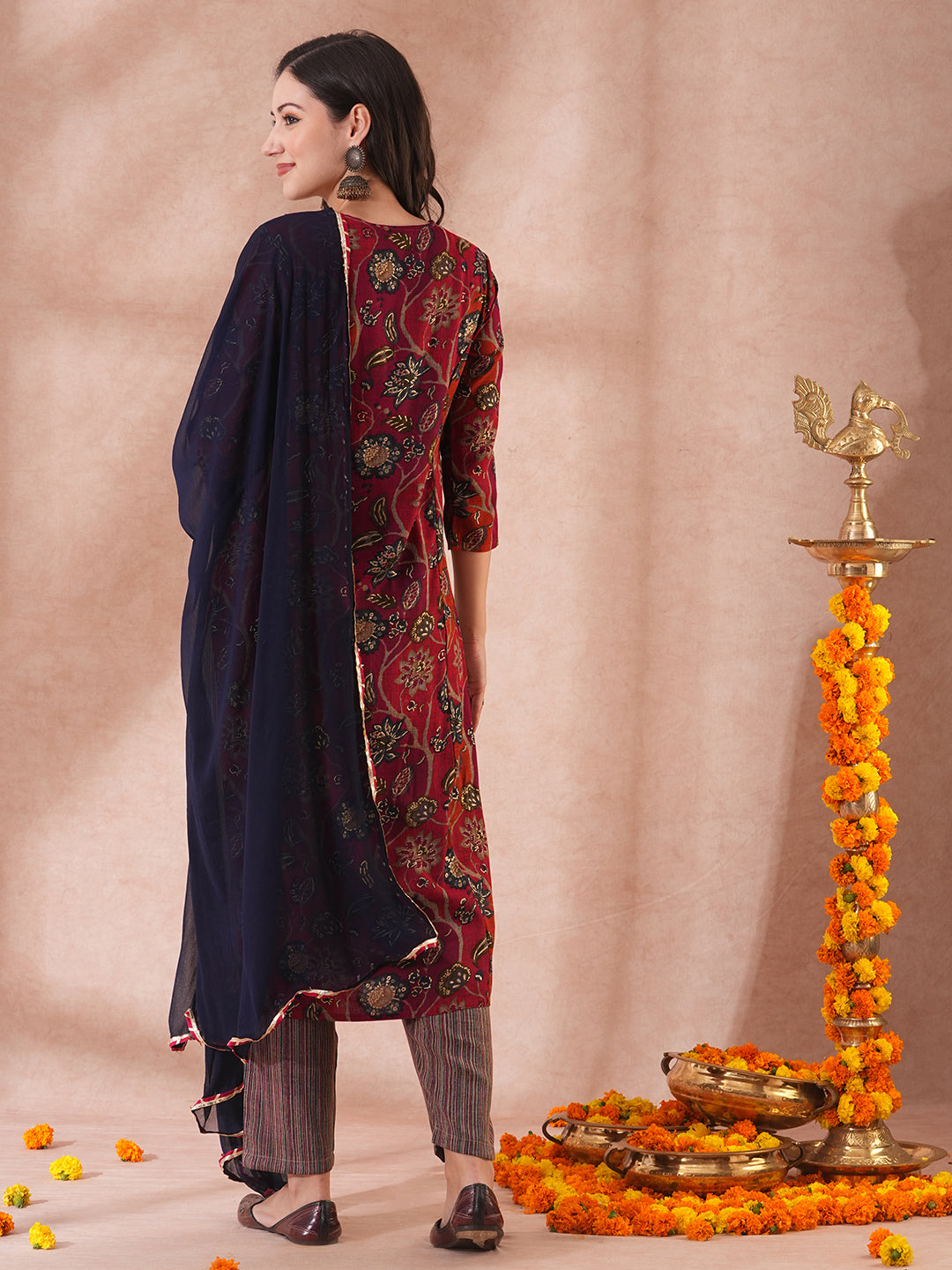 Ethnic Floral Printed & Embroidered Straight Fit Kurta with Pant & Dupatta - Maroon