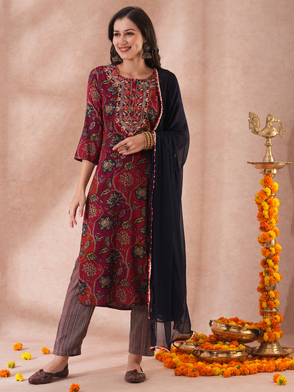 Ethnic Floral Printed & Embroidered Straight Fit Kurta with Pant & Dupatta - Maroon