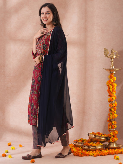 Ethnic Floral Printed & Embroidered Straight Fit Kurta with Pant & Dupatta - Maroon