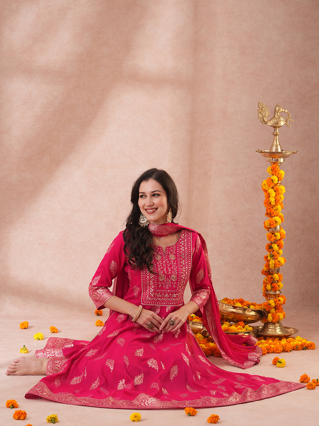 Ethnic Embroidered & Woven Anarkali Kurta with Pant & Dupatta - Pink